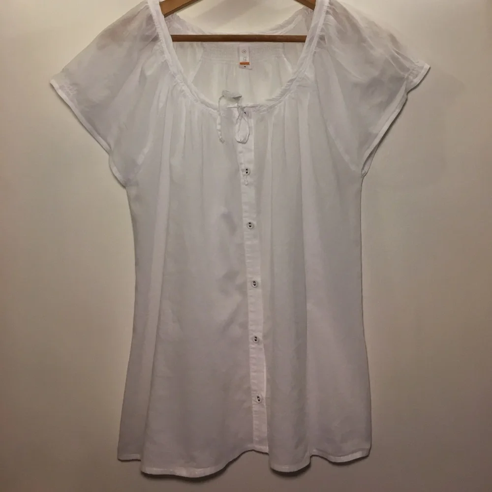 LUCY Button Up Semi Sheer Blouse Drawstring Neck M - Picture 3 of 8